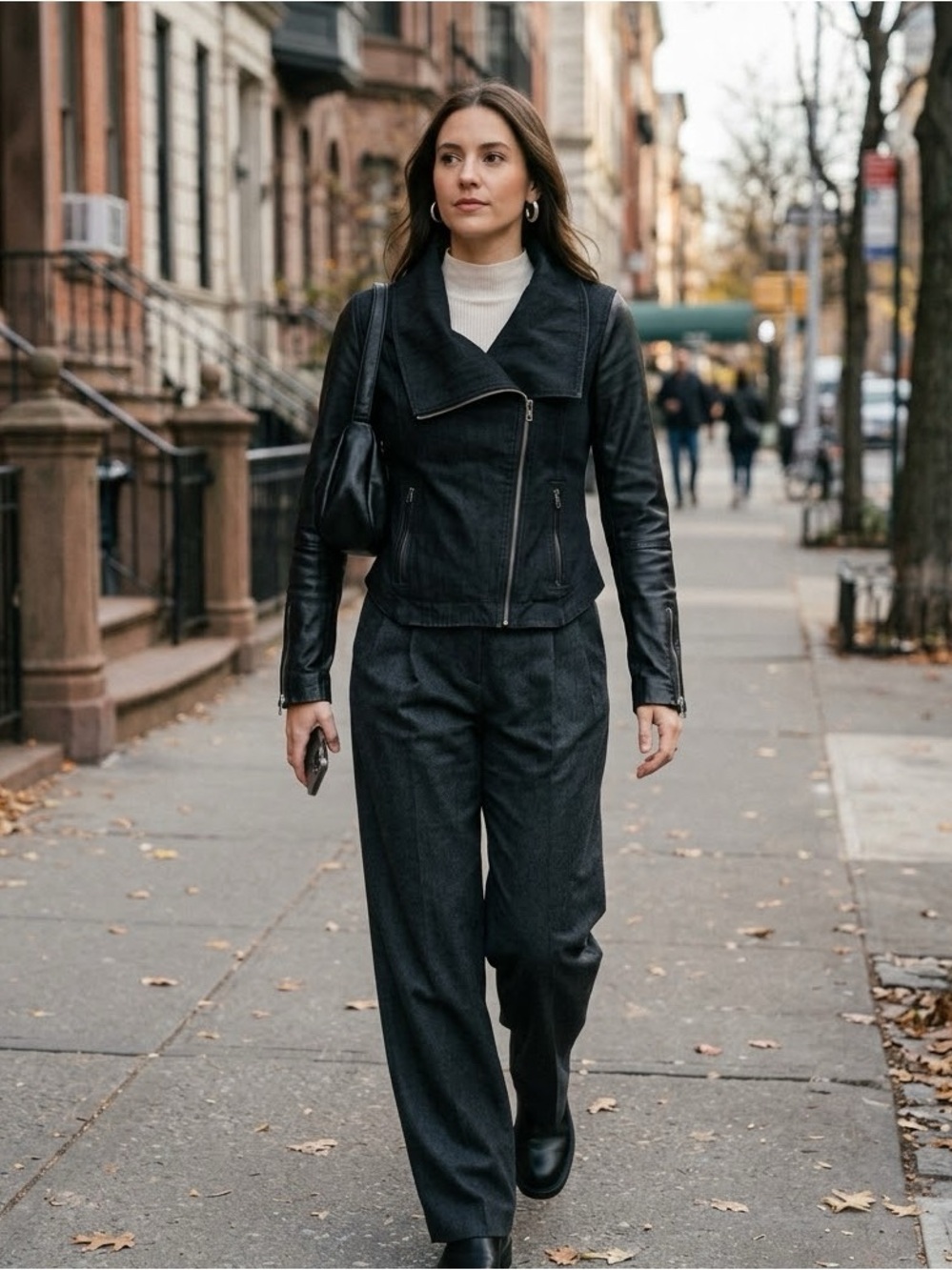 Club Monaco Black Denim & Leather Draped Collar Jacket